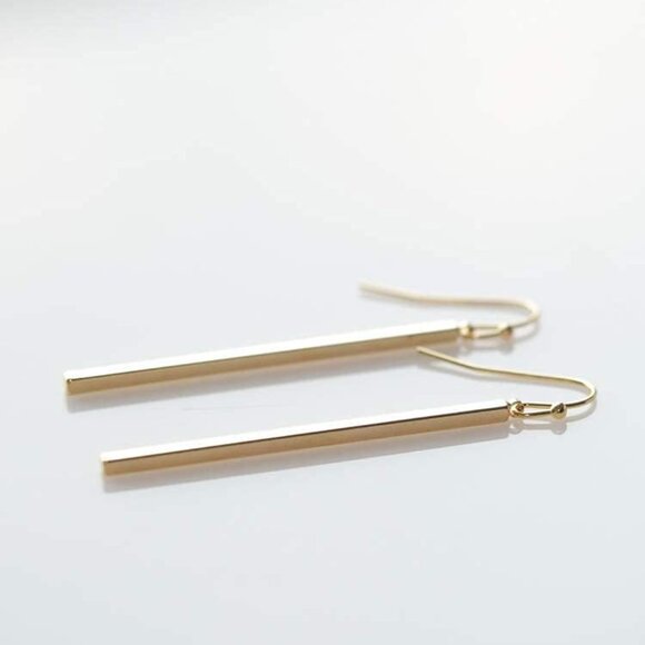 Minimalist 14K Gold Plated Long Vertical Bar Drop Earrings - Picture 2 of 6
